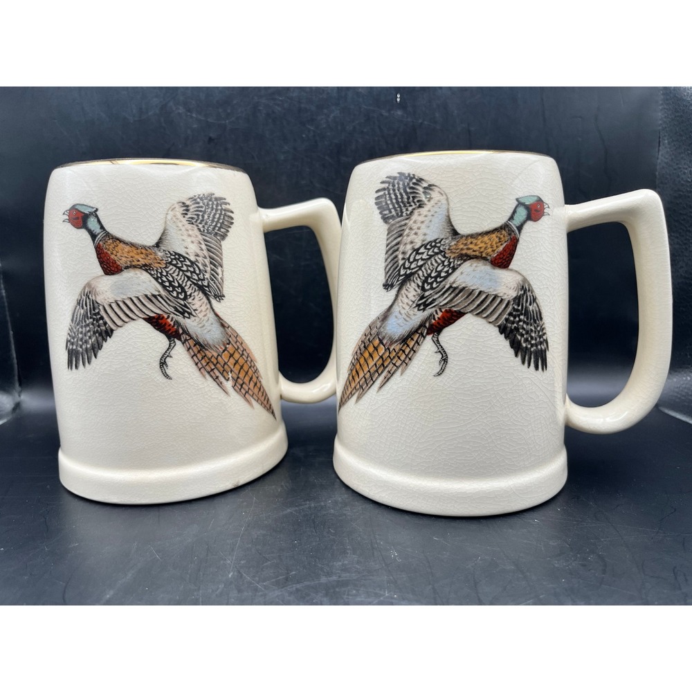 Vtg Pair Flying Pheasant Gold Rimmed Ceramic Beer Mug Bird‎ w/ Poem MCM 16 oz